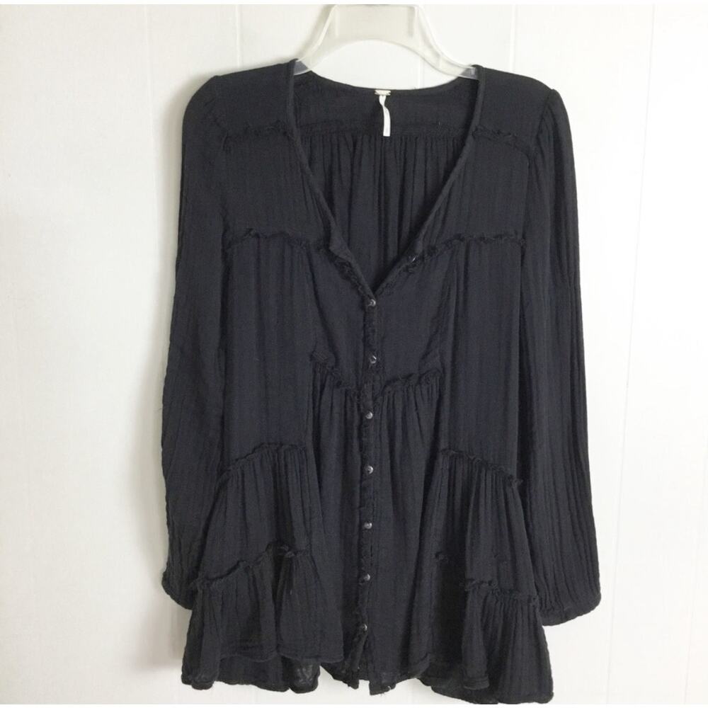 Free People Black Long Sleeve Tunic Top, Boho size XS